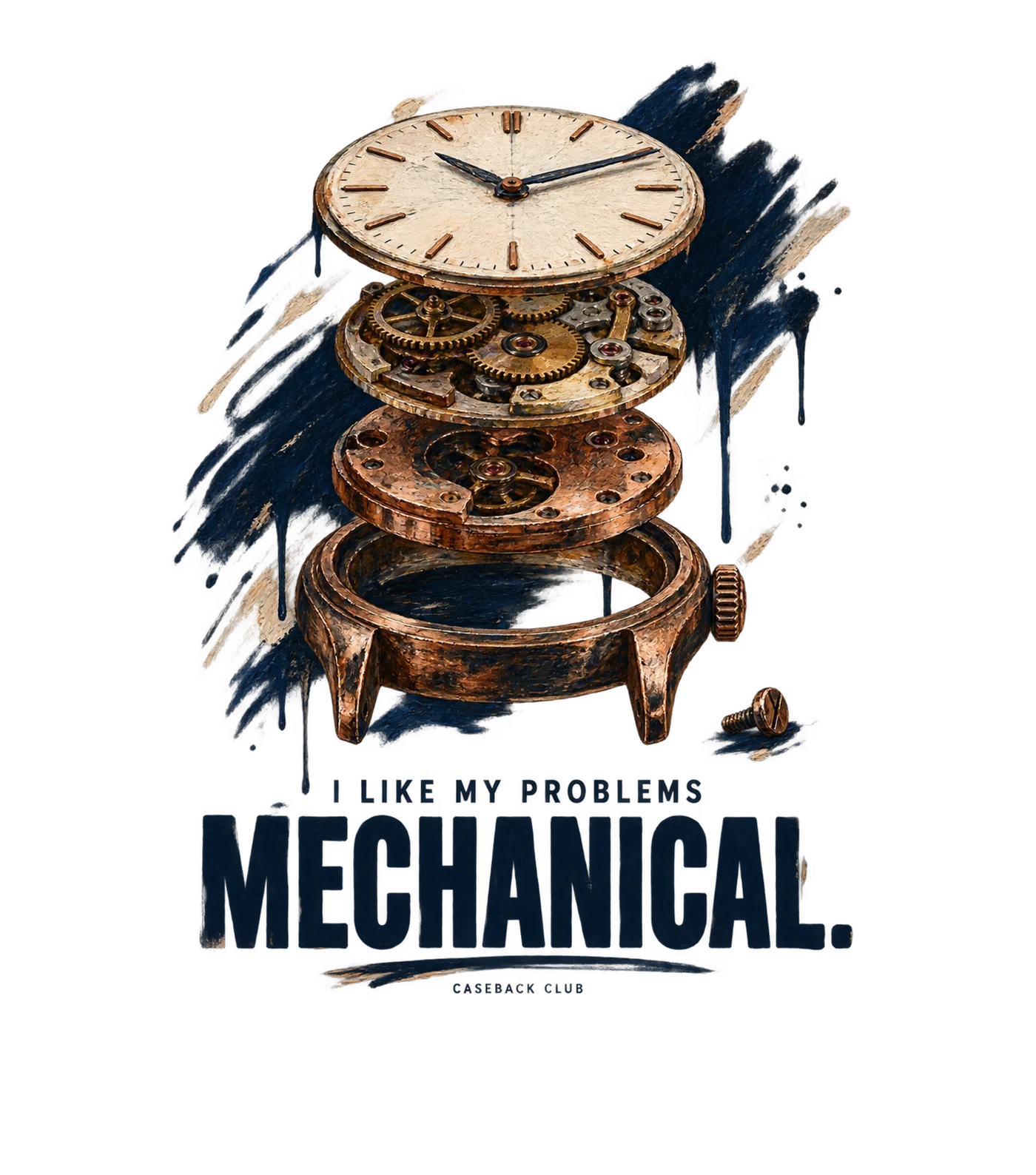 Painterly mechanical watch artwork: I like my problems mechanical