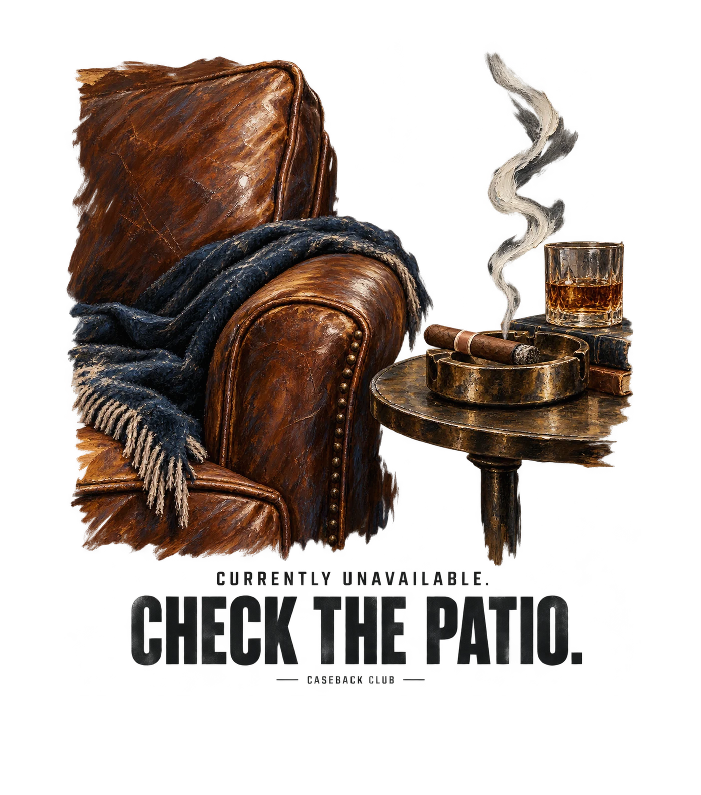 Painterly leather armchair, cigar and side table: Check the patio